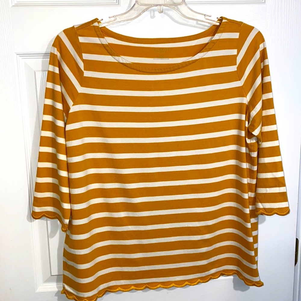 Talbots Stripped Top 3/4 sleeve Plus Size 1X Petite scalloped hem stitched